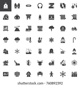 Winter holidays vector icons set, modern solid symbol collection, filled style pictogram pack. Signs, logo illustration. Set includes icons as winter hat, earmuffs, ice skate, snowman, snowflake, ski