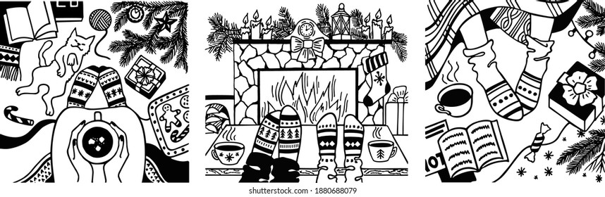 Vacaciones de invierno. Ilustración vectorial de los regalos de Navidad de año nuevo, noche junto a la chimenea, medias de Navidad, árbol. Dibujos en blanco y negro para postales, afiches y fondo