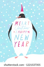 Winter holidays vector illustration of a penguin. Merry Christmas and Happy New Year greeting card.