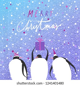 Winter holidays vector illustration of penguins. Merry Christmas greeting card.
