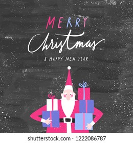 Winter holidays vector illustration of Santa Claus holding presents. Merry Christmas and Happy New Year greeting card.