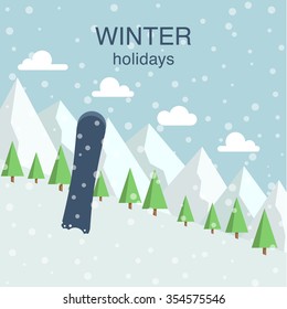 Winter holidays vector illustration with snowy mountains, trees, falling snow and snowboard