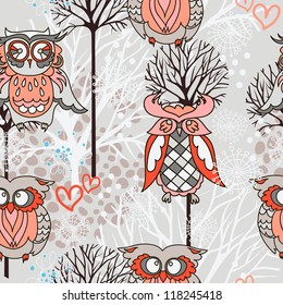 winter holidays vector pattern with owls and trees