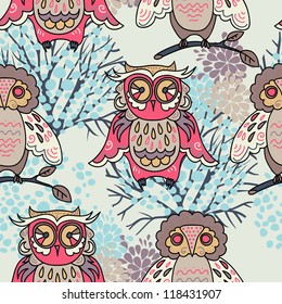 winter holidays vector pattern with owls and trees
