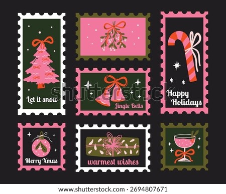 Winter holidays vector post stamps design elements set. Collection of colorful groovy cartoon illustration with christmas decoration, ornament, xmas tree, mistletoe, bells, cocktail, gift, candy cane