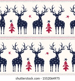 Winter Holidays Vector Seamless Horizontal Border with Black Hand-Stamped Deer, Black Fir Trees, Stars, Snowflakes, Horizontal Stitch Stripes on White Background. Christmas and New Year