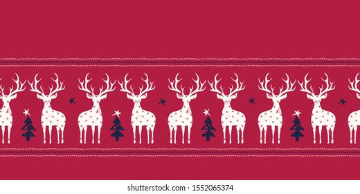 Winter Holidays Vector Seamless Horizontal Border with White Hand-Stamped Deer, Black Fir Trees, Stars, Snowflakes, Horizontal Stitch Stripes on Red Background. Christmas and New Year