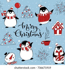 Winter holidays vector seamless pattern with cute animals and Merry Christmas lettering. 