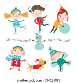 Winter holidays. Vector set. Cute kids are playing winter games.