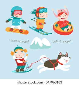 Winter holidays. Vector set. Cute kids are playing winter games and doing extreme sport.