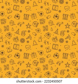 Winter Holidays vector yellow seamless pattern. Christmas and New Year concept thin line background - Shutterstock ID 2232450507