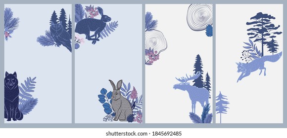 Winter Holidays vertical background collection with plants, forest nordic animals in Scandinavian style. Editable vector illustration.