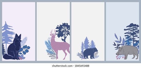 Winter Holidays vertical background collection with plants, forest nordic animals in Scandinavian style. Editable vector illustration.