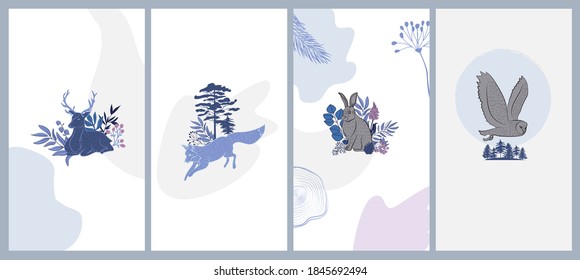 Winter Holidays vertical background collection with plants, forest nordic animals in Scandinavian style. Editable vector illustration.