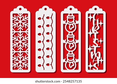 Winter holidays vertical bookmark designs with snowflakes, garland, snowman and word Christmas. Decorative bookmark stencil for paper, wood and metal cutting. Vector silhouette. Laser cut template