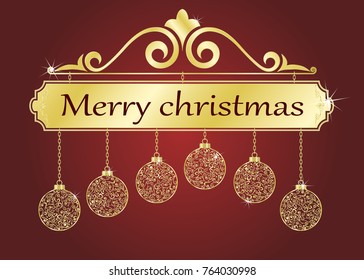winter holidays vintage greeting cards, new year ornaments. golden christmas ball and retro frame,Vector illustration.