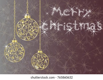 winter holidays vintage greeting cards, new year ornaments. golden christmas ball and retro frame,Vector illustration.