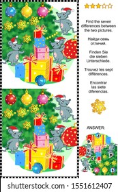Winter holidays visual puzzle: Find the seven differences between the two pictures of mice, christmas tree and presents. Answer included.