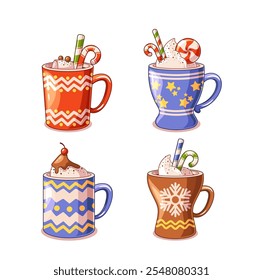 Winter holidays warming drinks in porcelain cups and mugs decorated with sweets isolated set