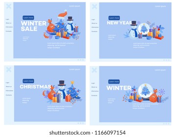 Winter and holidays web banners set with various traditional symbols on website templates for seasonal, Christmas and New Year promotion or congratulation in flat vector illustration.