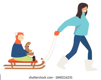 Winter holidays or weekends rest and leisure. Isolated female character with kid sitting on sled. Mom and son or daughter holding plush bunny toy in hands. Enjoying sleigh ride, vector in flat