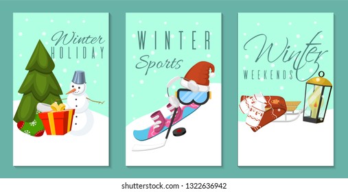 Winter holidays and weekends set of banners, cards vector illustration. Nature landscape with Christmas tree, snowmen, sledge, snowboard, hat, scarf, earmuffs. Happy New Year greetings.