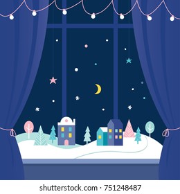 Winter Holidays Window Decorations. Snowy Town at Night