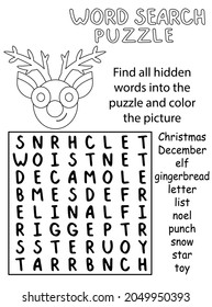 Winter holidays word search puzzle black and white vector illustration. Find all hidden words into the puzzle and color the funny cartoon reindeer vector illustration