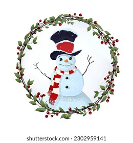 Winter Holidays wreath with cute snoman, vector illustration over white background