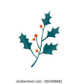 Winter Holly leaves decoration with red berries. Hand drawn flat vector illustration.