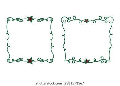 winter holly season page decor border, Merry Christmas holly leaves Square frames, berry leaf ornament frame border Decoration, Wedding greeting cards invitation card holiday page borders vector 