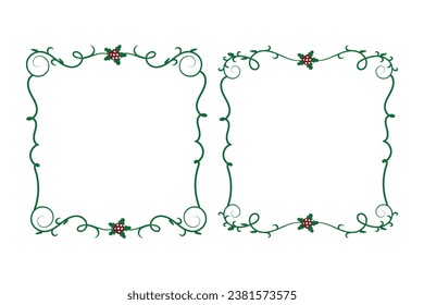winter holly season page decor border, Merry Christmas holly leaves Square frames, berry leaf ornament frame border Decoration, Wedding greeting cards invitation card holiday page borders vector 