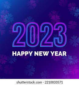 Winter Holographic Banner. Neon Pink and Blue Number 2023. Text  Happy New Year. Dark Background with Snowflakes. Futuristic Design. Vector Illustration.