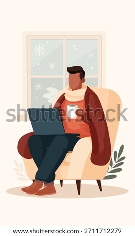 Winter home elements. A man sits in a chair, warmly dressed and wrapped in a blanket, holding a laptop and a mug of coffee. Symbolizes warmth and comfort. Vector art.