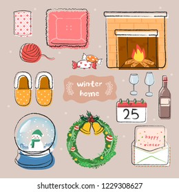 Winter home icons set. Vector laters with Fireplace, cushion, lease, snowball