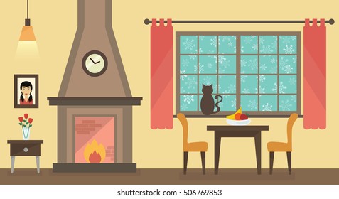 Winter home interior with fireplace and furniture. Cat silhouette looking at snowy sky. Chair,table,fireplace,house furniture vectors.