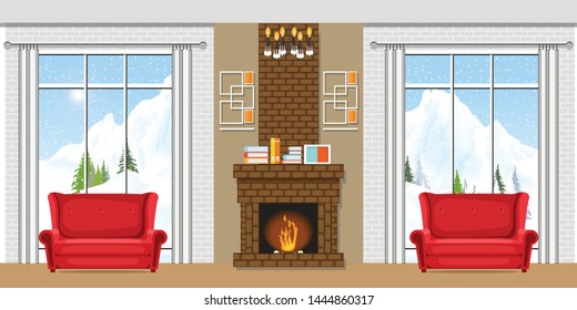 Winter home interior with a fireplace and winter mountain view through the window. Vector illustration of a winter vacation.