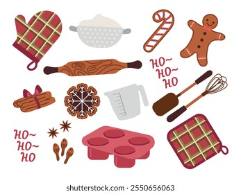 Winter homemade baking and cooking items. Vector illustration of traditional winter baking, gingerbread. Colored icons, set