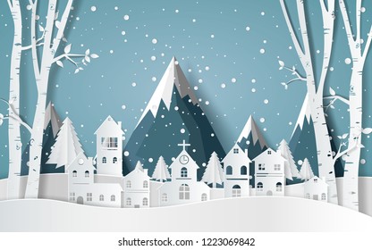 winter with homes and snowy paper art . beautiful scenery in the  design  vector