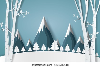 winter with homes and snowy paper art . beautiful scenery in the  design  vector
