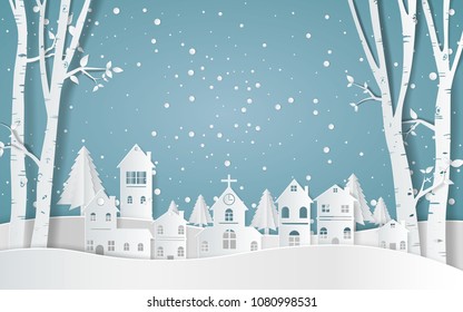 winter with homes and snowy paper . beautiful scenery in the  design  vector