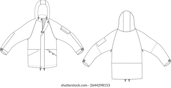 Winter Hooded Jacket Front and Back Illustration, Zip-Up Jacket with Pockets and Sleeves