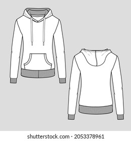 Winter Hoodie Sweatshirt Drawstring Kangaroo Pocket Rib Cuff Hem Autumn Fashion Flat Sketch Technical Drawing Design Vector