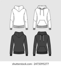 Winter Hoodie sweatshirt drawstring kangaroo pocket rib cuff hem autumn fashion flat sketch technical drawing design vector