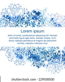 Winter horizontal banner with blue watercolor element and ornamental snowflakes