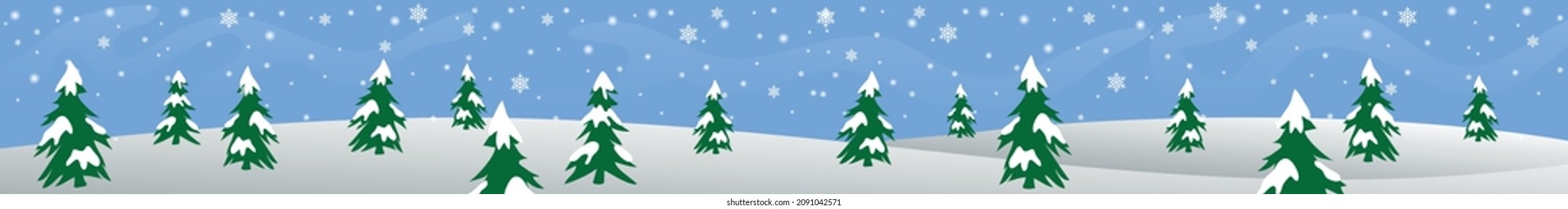 winter horizontal banner, merry christmas and happy new year, snowflake nature panorama, blue color, creative template design vector graphic