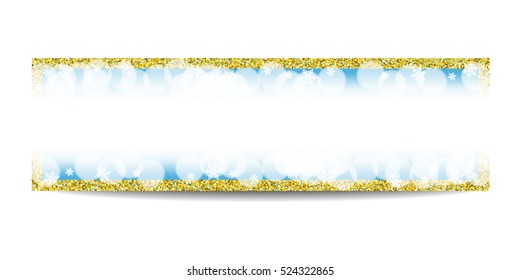 Winter horizontal banner template. Empty golden frame. Snowflakes, bokeh, fog, blur and snow on blue background. Glitter sequins. Flyer design. Vector EPS10 illustration.