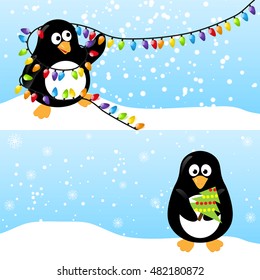 Winter horizontal banners set with cute penguins with Christmas decorations. Cartoon vector illustration.