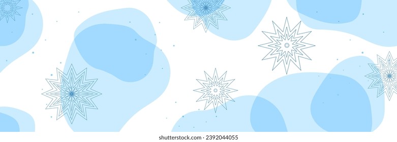 Winter horizontal banners. Vector background. Snowflakes, dots, transparent shapes. Copy space for text. Design for website header, landing page, banner, poster, cover, social post.