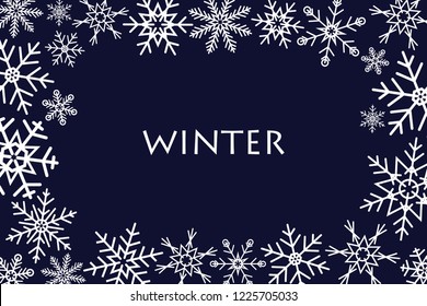 Winter horizontal frame background for advertisement, promotion,banner and poster,simple colored snowy seasonal fallen snowflake isolated on blue background,flat design style,vector illustration.